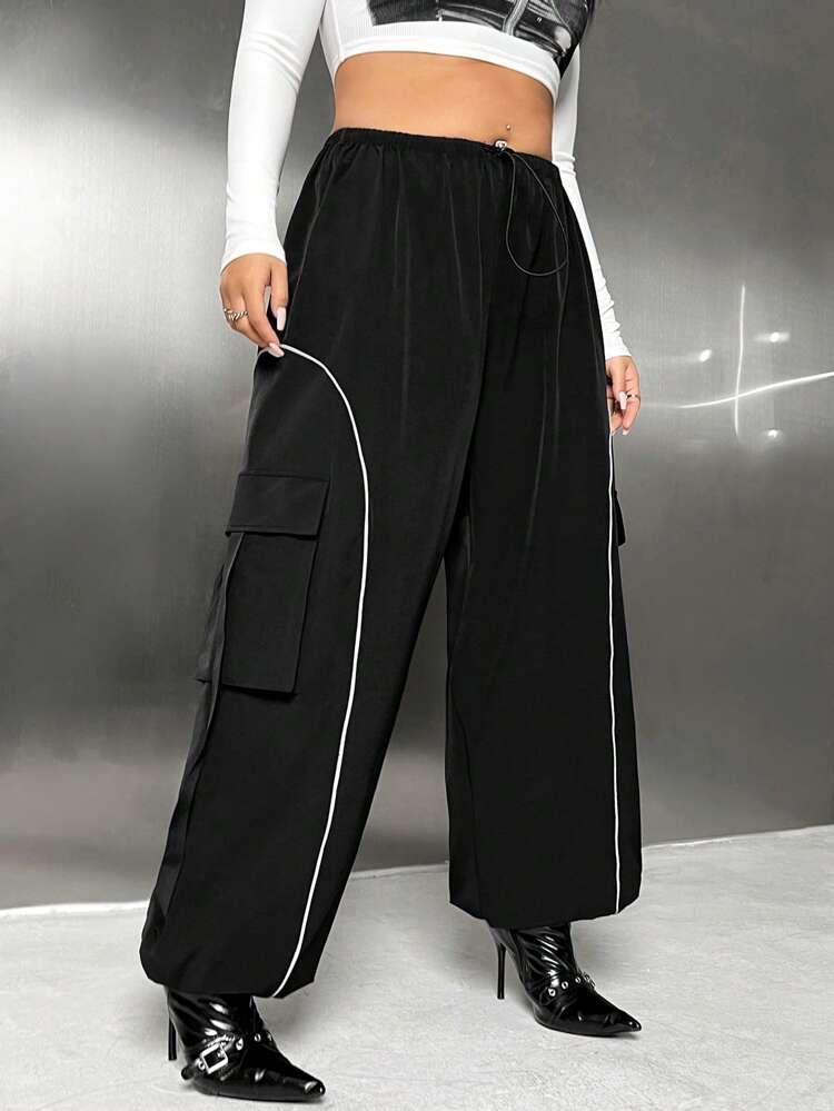 Plus Size Color-Blocking Elastic Waist Reflective Hem Pants