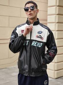 Chaqueta de carreras con bordado de letras en bloques de color para hombres - Blanco y Negro - Ver 6