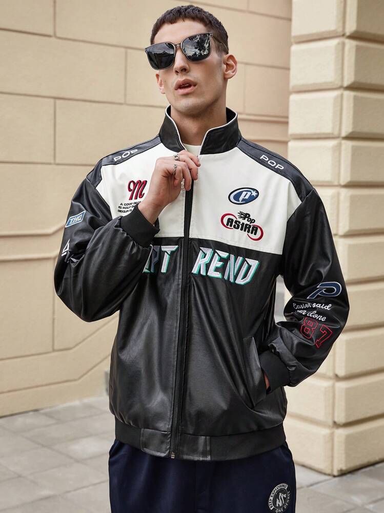Men's Colorblock Stitched Letter Embroidery Racing Faux Leather