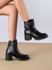 女性時尚粗跟靴子 - 黑色 - 查看 2