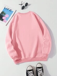 SHEIN EZwear 女式粉紅圓領印花套頭衫 - 粉色 - 查看 2