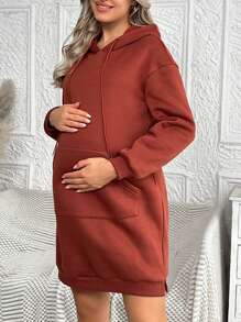 SHEIN Maternity Hooded Drawstring Sweatshirt Dress - Coral Orange - View 3