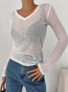 DAZY Women's Ribbed Semi-See-Through T-Shirt Sheer Long Sleeve Women Tops - White - View 5