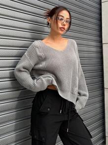 SHEIN Unity 女裝休閒純色垂墜肩毛衣 - 灰色 - 查看 1