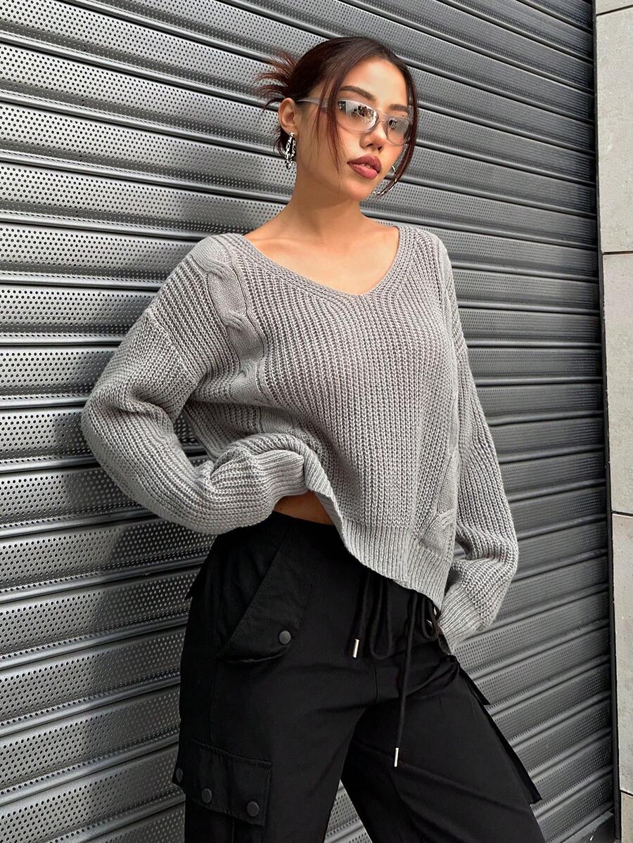 SHEIN Unity 女裝休閒純色垂墜肩毛衣 - 灰色 - 查看 1