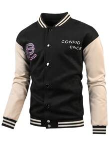 Gym Rark Men's Varsity Jacket,Color Blocking Letter Print Letterman Jacket,Boyfriend Style Sports Workout Tops,Black And White,Autumn,Athleisure,Back-To-School - Black - View 1