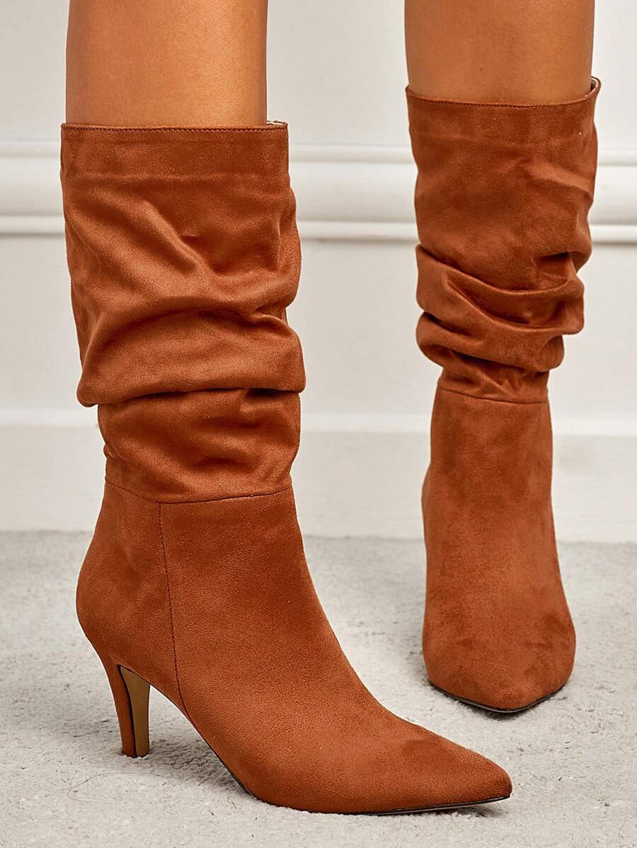 Women's Pointed Toe High Heel Chelsea Suede Brown Ankle Boots With Pleated Design For Autumn And Winter - Brown - View 1