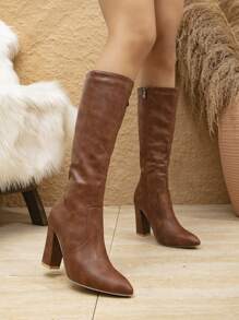 Styleloop 女性時尚鱷魚紋高幫靴帶側拉鍊,及膝摩托車靴子 - 鏽棕色 - 查看 1