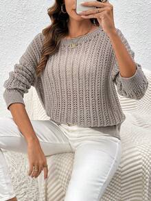 SHEIN LUNE 女士空心針織下垂肩毛衣 - 卡其色 - 查看 6