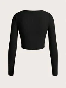 SHEIN EZwear Vượt qua In Đồ đan Ribbed Áo thun - màu đen - Xem 2