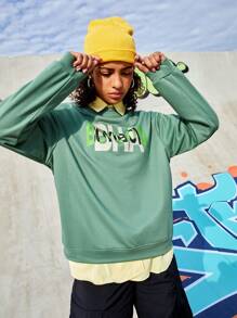 Streetz SHEIN Sport Text Pattern Casual Sweatshirt - Army Green - View 4