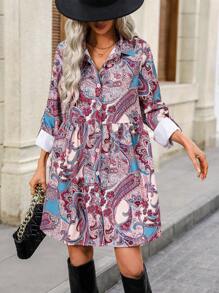SHEIN Frenchy Ladies' Paisley Print Roll Sleeve Shirt Dress Winter Beach - Multicolor - View 4