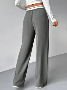 SHEIN EZwear 拼色階梯腰西裝褲 - 灰色 - 查看 2