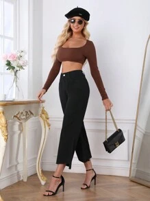 SHEIN Privé بنطال جينز نسائي واسع اللون مع جيوب مائلة