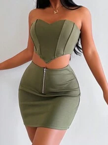 Allurite Của phụ nữ Áo không dây Và Dây kéo mặt trước Váy 2 Miếng Bộ - xanh quân đội - Xem 5