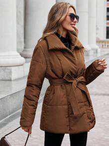 SHEIN Clasi Women's Solid Color Belted Padded Coat - Brown - View 4