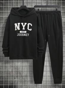 RueChic Men Letter Graphic Drawstring Hoodie & Sweatpants