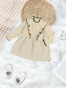 女嬰蝴蝶結荷葉邊毛衣連身裙 - 杏色 - 查看 1