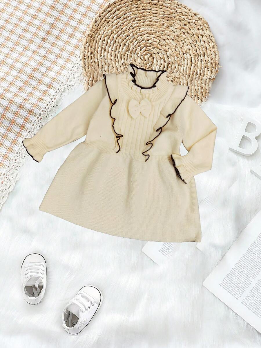 女嬰蝴蝶結荷葉邊毛衣連身裙 - 杏色 - 查看 1