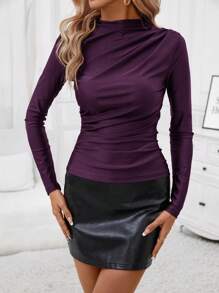 SHEIN Clasi Ladies' Long Sleeve T-Shirt With Pleats Asymmetrical Top