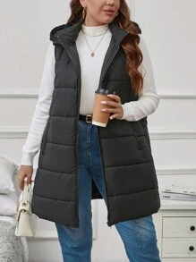 SHEIN LUNE Plus Slant Pockets Hooded Vest Padded Coat - Black - View 3