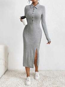 Chiquease Women's Ribbed Knit Slit Dress - Light Grey - View 4
