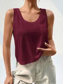 Firerie Solid Color Casual Tank Top With Patch Pocket - Rose Red - View 3