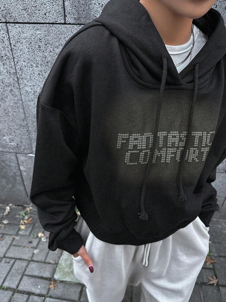 Loose Fit Hoodie With Text Graphic And Drawstring,Fall Clothes Sweatshirt