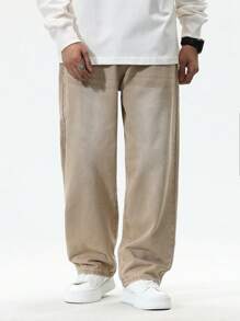 Manfinity Hypemode Men's Casual Khaki-Colored Washed Loose Jeans, Plain Wide Jeans Long Baggy Khaki Washed Cargo Jeans, For Husband, Boyfriend Gifts Hang Out Commute Work Urban Street - Apricot - View 8