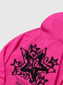 ROMWE MEN Street Life 男士街头风格五角星印花羊毛连帽衫，适合春秋冬季日常穿着、上学 - 玫紅色 - 查看 3