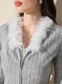 Modelyn Conjunto De Falda Y Top De Punto Con Cremallera De Canalé De Fuzzy Decor - Gris - Ver 5