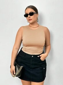 SHEIN Essnce 大尺碼女款純色百褶連身衣 - 卡其色 - 查看 2