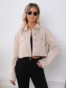 Áo khoác denim ngắn lót nhiệt có túi giả - Màu Khaki - Xem 7