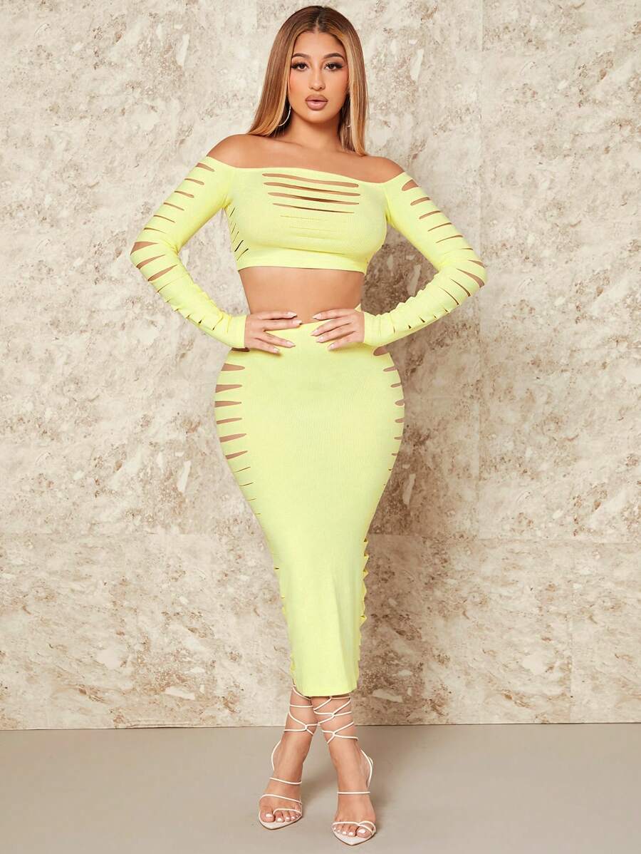 SHEIN SXY Màu thuần Bỏ khỏi vai Tay áo dài Áo và Váy Hai chiếc Bộ Với Đau khổ - màu xanh lá - Xem 1