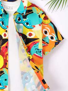 Boys' Vacation Style Abstract Printed Notched Collar Loose Fit Open Front Weave Shirt - Yellow - View 5