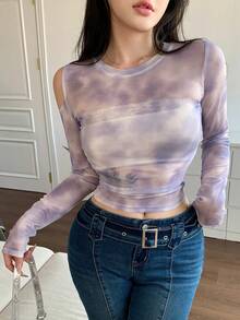 Dazy Designer 女式縫染剪裁短款上衣,肩部中空雕花設計 - 紫色 - 查看 7