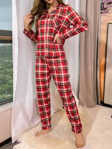 Merry Christmas Plaid Print Contrast Piping PJ Set / Pajama Set - Multicolor - View 5