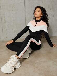 SHEIN Leap Crew Teenage Girls' Knit Patchwork Stand Collar Half Placket T-shirt And Pants Set - Multicolor - View 7