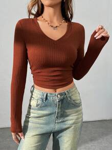 SHEIN EZwear Women's V-neck Long Sleeve Ribbed Knit T-shirt - Brown - View 7