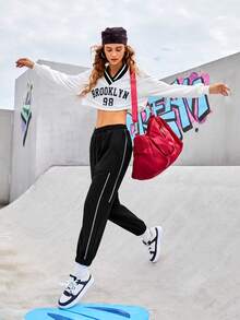 Street Sport Của phụ nữ Eo đàn hồi Paneled Đường may bên Có chân Theo dõi Quần - màu đen - Xem 6