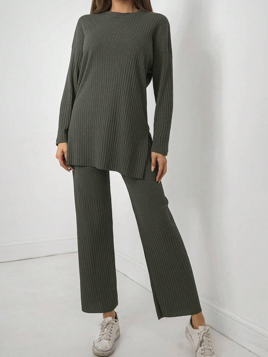 Drop Shoulder Split Hem Tee & Pants - xanh quân đội - Xem 1