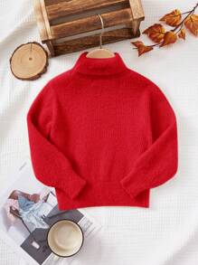 SHEIN 女童高領寬鬆毛衣套頭長袖上衣 - 紅色 - 查看 1
