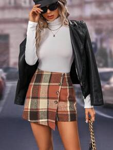 SHEIN Essnce 女士格子不对称下摆短裙 - 橘色 - 查看 4