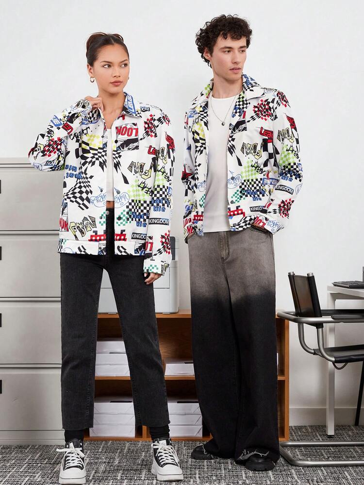 1pc Loose Fit All Over Printed Woven Jacket, For Fall Winter