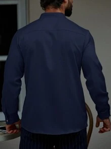 Manfinity Homme 純色立領長袖襯衫，海軍藍男士襯衫，深藍色男士襯衫，適合秋季，正式場合 - 寶藍色 - 查看 2