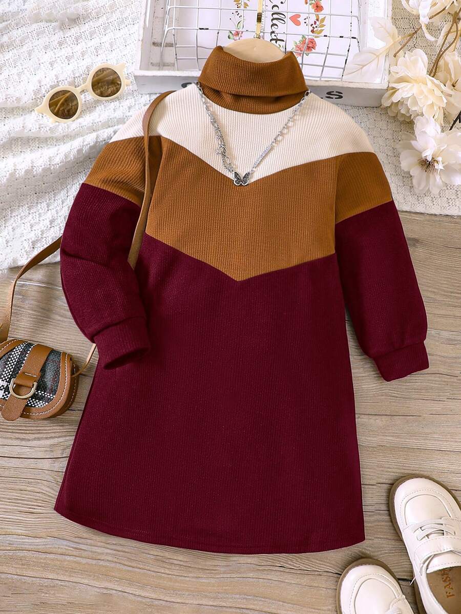 SHEIN Little Girls' Color Block Turtleneck Dress - Burgundy - View 1