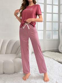 Women's Letter Printed T-shirt And Striped Pants Pajama Set