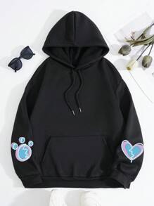 SHEIN EZwear Áo nỉ dài tay cỡ lớn in hình hoạt hình, có dây rút và lớp lót giữ nhiệt. - màu đen - Xem 2