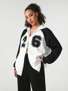 GraceKreations Kontrast-Farbiger Damen Kapuzenjacke mit Buchstaben-Muster, Festival - Weiss - Übersicht 3