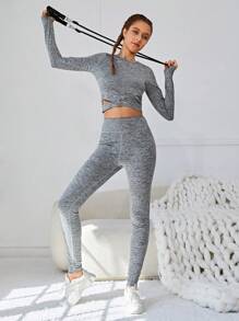 SHEIN Teenagers' Knitted Waist Crossed Round Neck Sports Sweatshirt & Pants Set - Dusty Pink - View 3